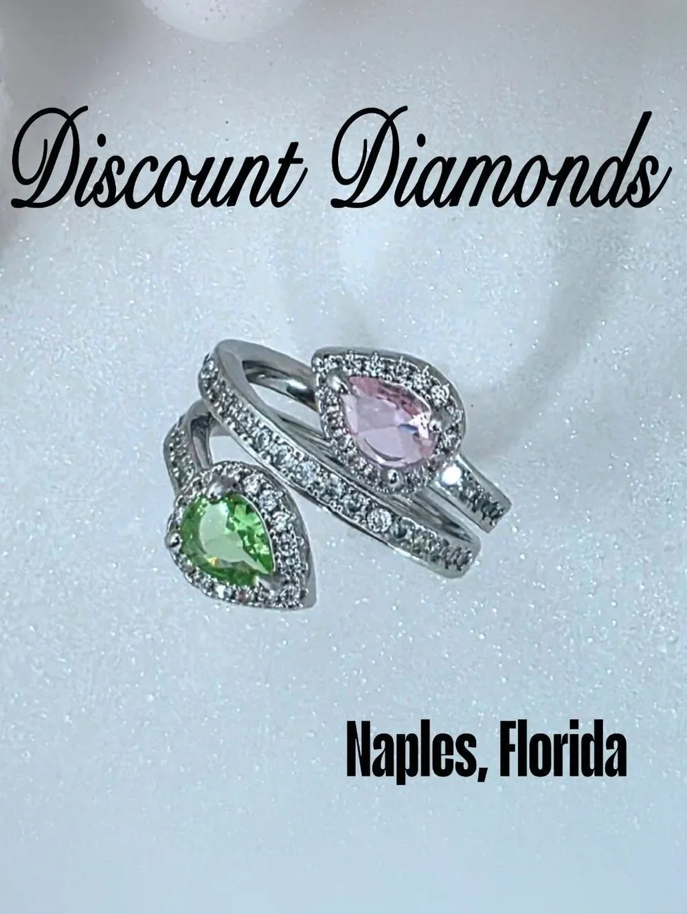 Pink & Green Pear Cut Diamonds & Baguette Diamond Cocktail Ring on 925 Silver
